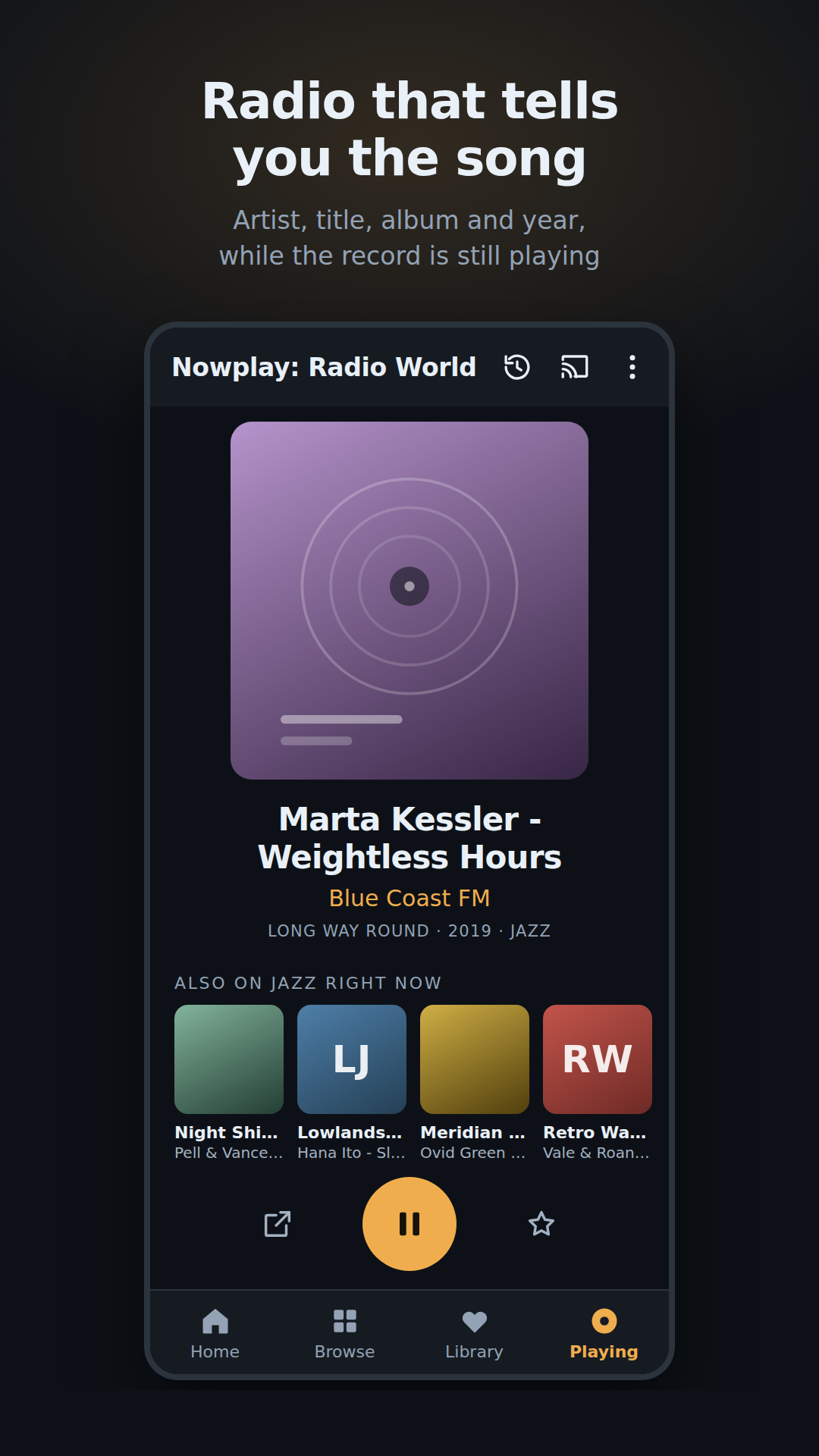 The Now Playing screen: a cover, the song, the station, and a shelf of what else is on in the same genre