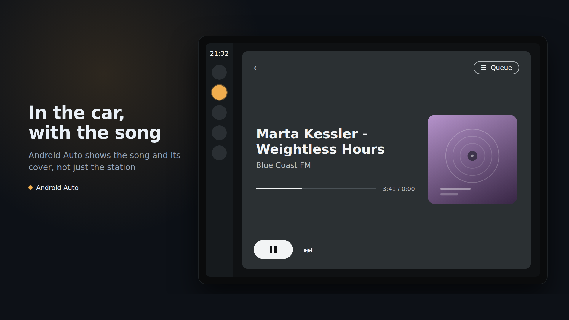 The car screen on Android Auto: the song, the station, and the cover