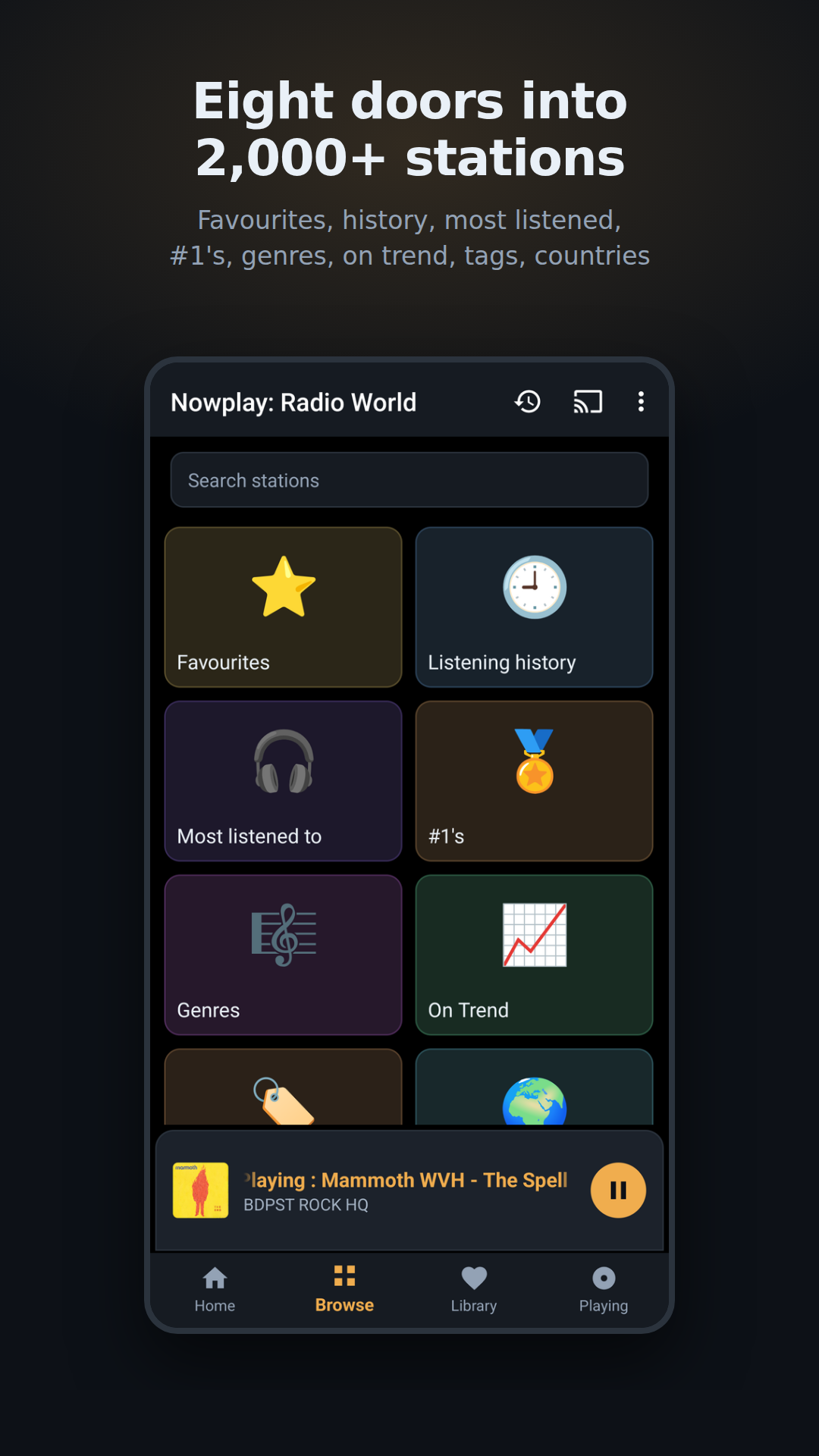 The Browse screen: favourites, history, most listened, number ones, genres, on trend, tags, countries