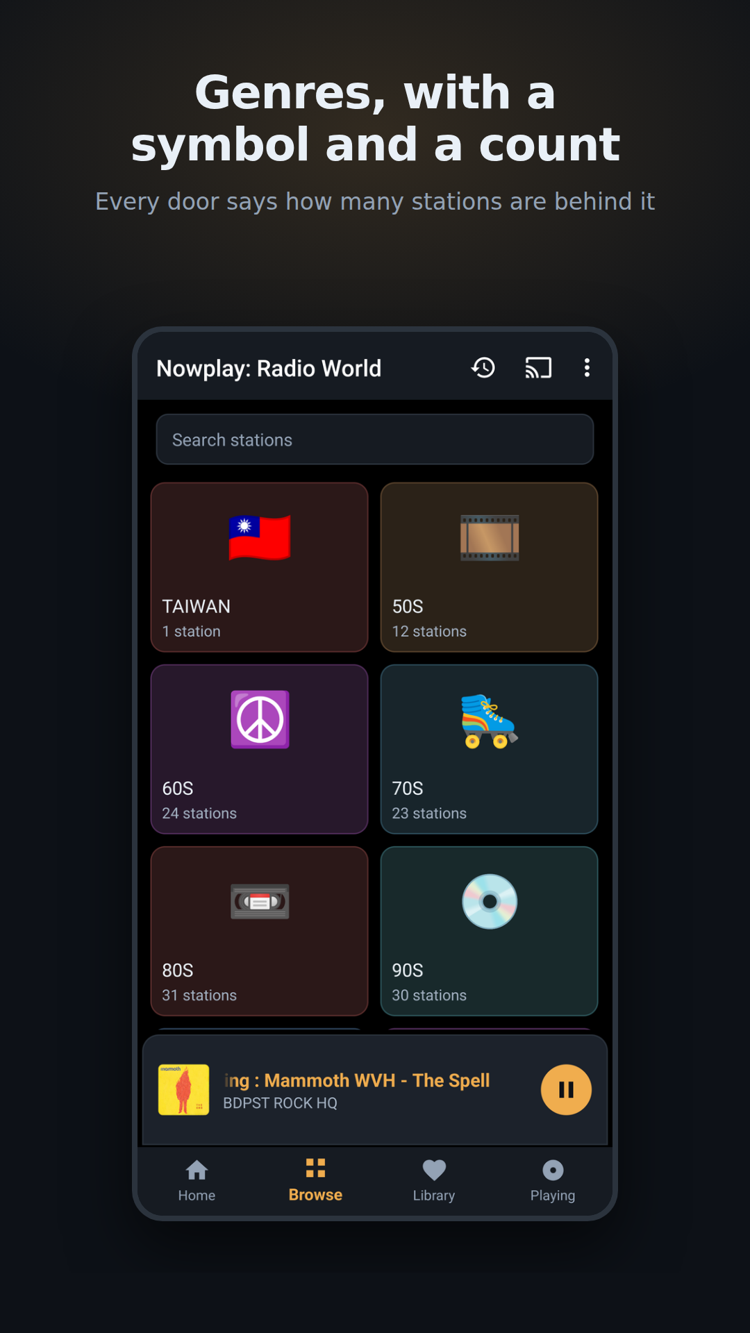 Genres on the phone, each with a symbol and how many stations it holds
