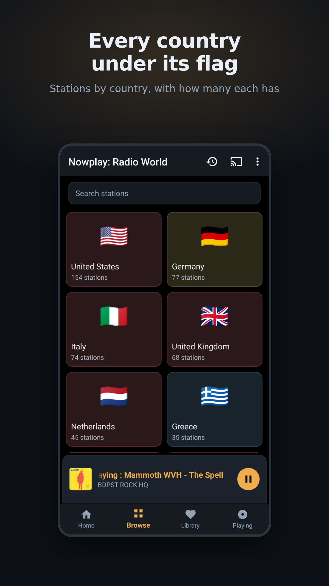 Countries on the phone, each under its flag with a count